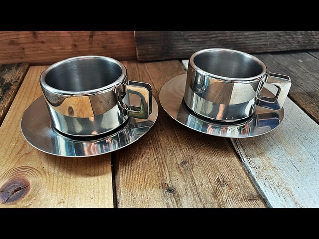 2x Casalinghi STO espresso cup saucer set steel 1970 Italy 2x Casalinghi STO espresso cup saucer set steel 1970 Italy
