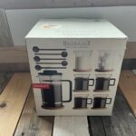 boxed set of 7 Bodum Bistro black handle glasses French press Picard 2000 Denmark