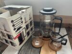 boxed set of 7 Bodum Bistro black handle glasses French press Picard 2000 Denmark