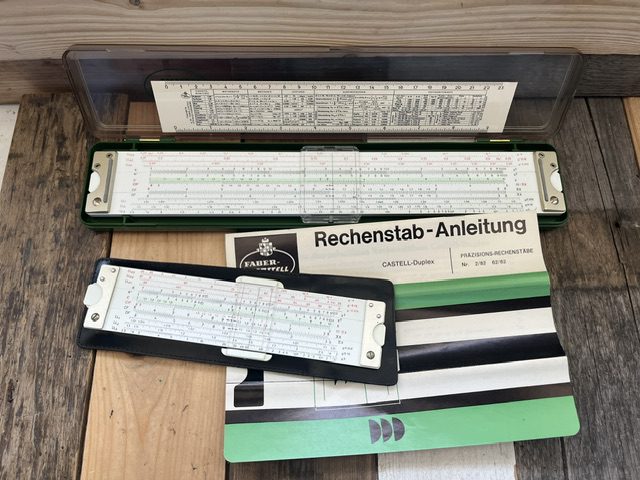 Faber Castell 2x Duplex 2/82 and 62/82 slide rule in cases 1960 Germany