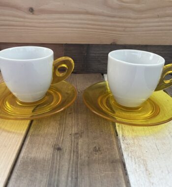 2x ceramic yellow plastic design espresso cup saucer set 2000 Italy