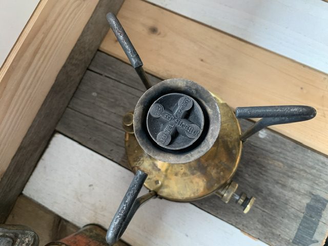Juwel 21 small brass camping stove in tin 1950 Germany - Vintage