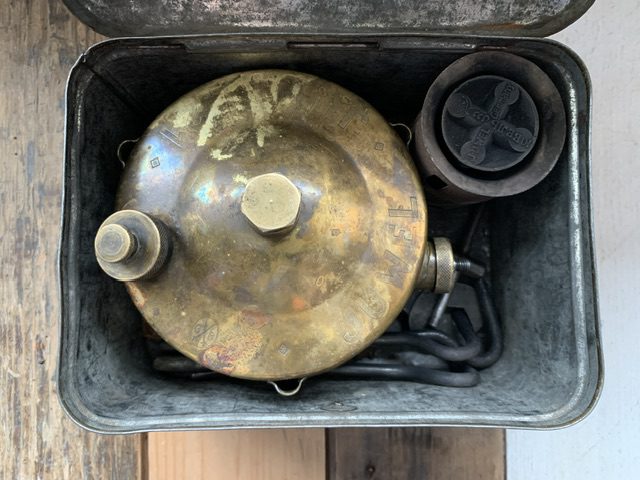 Juwel 21 small brass camping stove in tin 1950 Germany - Vintage